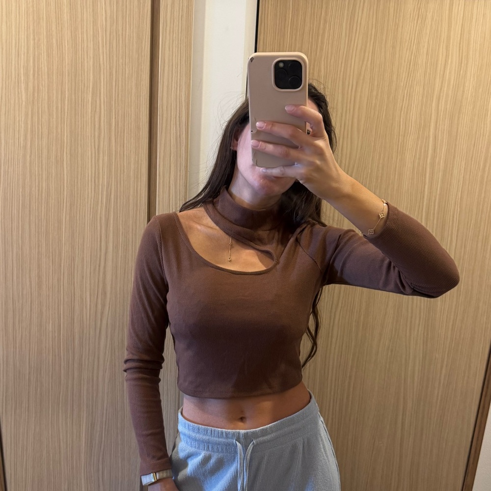 Deal!!! Brown Cutout Long-Sleeve Crop Top